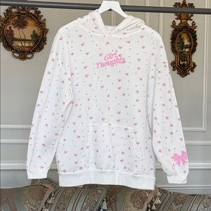 White Hoodie with Pink Floral Accents size L